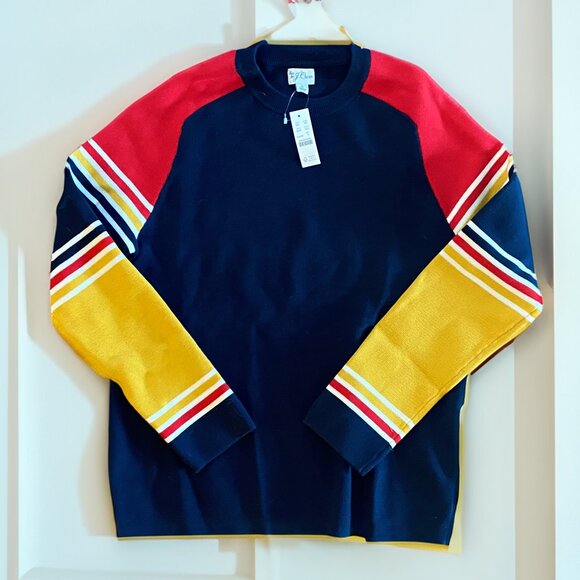 J CREW New Men's Cotton-Stitch Red Yellow Navy Striped-Sleeve Ski Sweater Small
